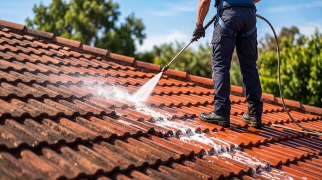Workers pressure wash terracotta roof tiles with water spray and foam, showing exterior home maintenance, cleaning service, and property care.