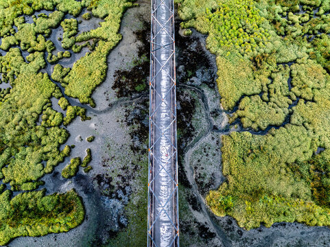 Aerial view of the Ponte pedonal bridge crossing over lush green marshlands and muddy water channels in Aveiro, Aveiro District, Portugal.