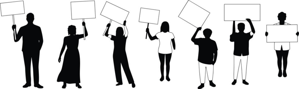 Diverse People Holding Blank Protest Signs Silhouettes Isolated on White Background Demonstration Vector Collection