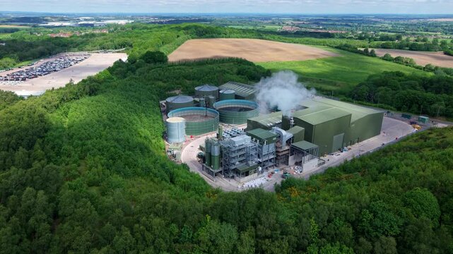 Aerial View of Modern Biogas Anaerobic Digestion Power Plant Surrounded by Rural Fields near Tamworth UK