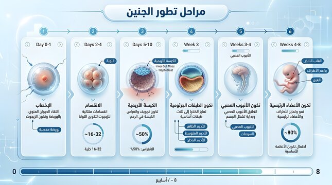 Fetal development stages illustration from conception to 8 weeks