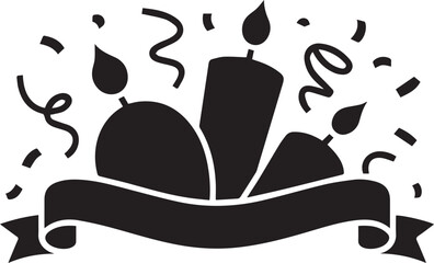 Naklejka premium Black silhouette birthday celebration icon with candles and confetti on white background for party design