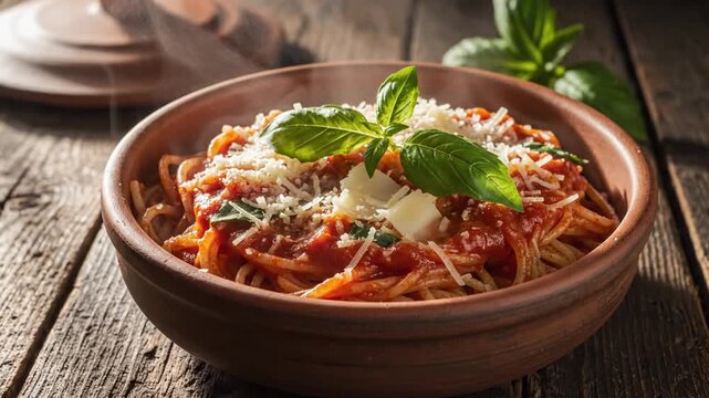 Bowl of hot spaghetti with tomato sauce, parmesan cheese, and fresh basil garnish.