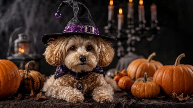 Cute Fluffy Dog Wearing a Witch Hat and Cape for Halloween with Pumpkins and Candles