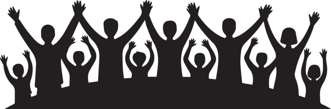 Black silhouette of multiple people with hands raised in celebration on white background