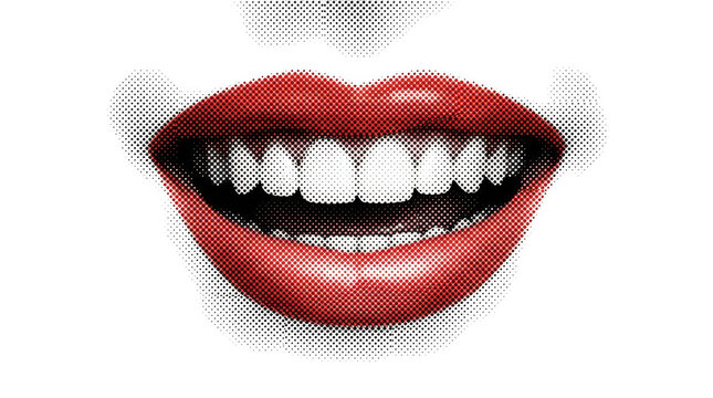 Close up of a smiling mouth with red lips and white teeth featuring a black halftone dot pattern on a solid black background