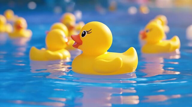 Vibrant yellow rubber ducks floating and splashing in blue pool water