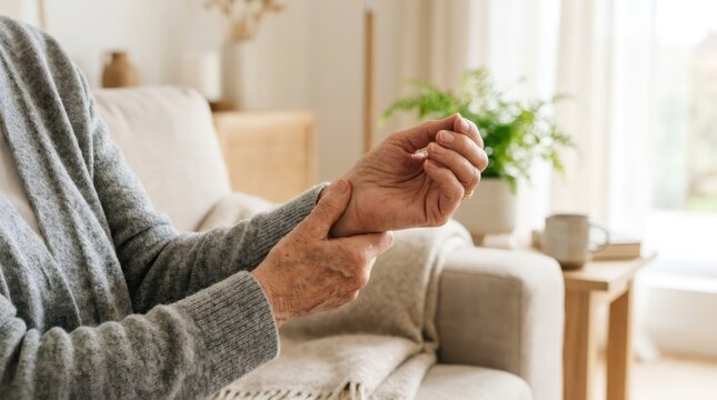 Senior woman holding her painful wrist in pain. Concept of arthritis, carpal tunnel syndrome, joint inflammation or injury in older age. Medical health issue and physical discomfort.