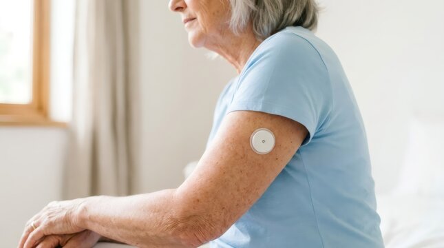 Woman with glucose monitor sensor patch on arm. Senior patient managing diabetes with continuous monitoring device. Healthcare technology for medical blood sugar control and health.