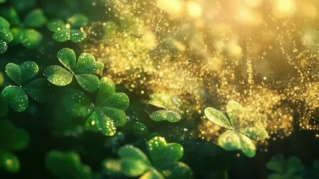 Magical dewy clover leaves in sunlight with sparkling bokeh. Saint Patrick's Day, St Paddy's Day, St Patty's Day - Irish National Holiday and Cultural Celebration