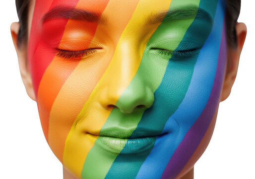 Close up of a woman with closed eyes and a rainbow flag pattern painted across her face against a solid black background