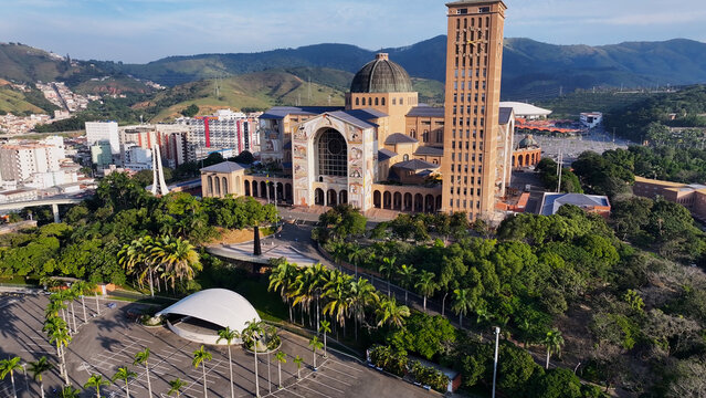 Catholic Temple At Aparecida In Sao Paulo Brazil. Our Lady Basilica. Downtown City. Church Skyline. Catholic Temple At Aparecida Brazil. Religious Landscape. Religious Tourism.
