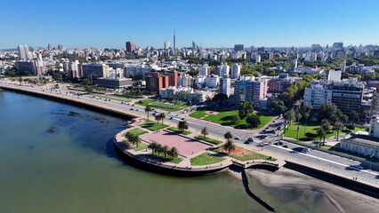 Obraz premium Montevideo Skyline In Maldonado Uruguay. Beach Landscape. Downtown District. Travel Destination. Montevideo Skyline At Montevideo In Maldonado Uruguay. Nature Seascape.
