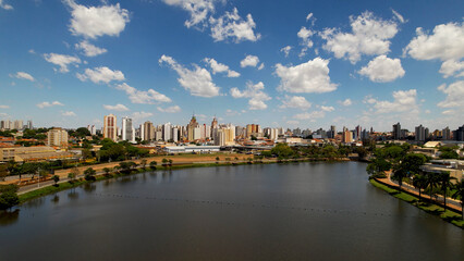 Obraz premium Dam Park In Sao Jose Do Rio Preto Sao Paulo Brazil. Breathtaking Aerial Landscape Of Famous Leisure Park Of The City. Town Sky Clouds Backgrounds Urban.