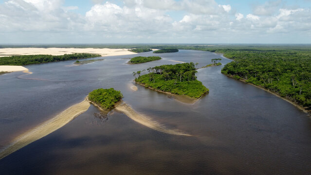 Mandacaru Island In Lencois Maranhenses Maranhao Brazil. Sand Dunes And Lagoons Forming During The Rainy Season. Deserted Landscape Peaceful Amazing. Peaceful. Lencois Maranhenses Maranhao.