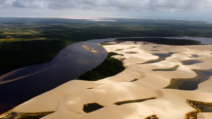 Obraz premium Scenic Sand Dunes In Lencois Maranhenses Maranhao Brazil. Sand Dunes And Lagoons Forming During The Rainy Season. Coast Horizon Seaside Summertime. Coast Outdoors Panoramic.