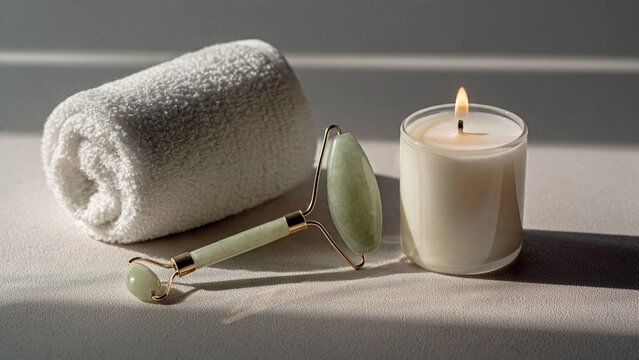 Spa wellness concept with jade roller gua sha tool white towel and burning candle