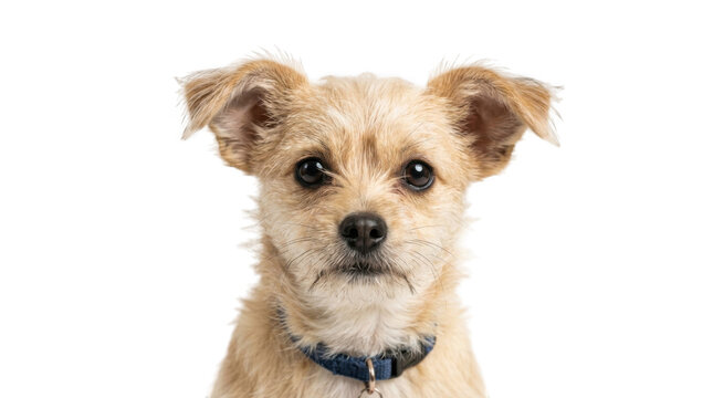 Close up portrait of a small tan chihuahua crossbreed dog with floppy ears and a blue collar, isolated against a solid black background