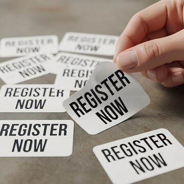 Person picking up a register now sticker from a table