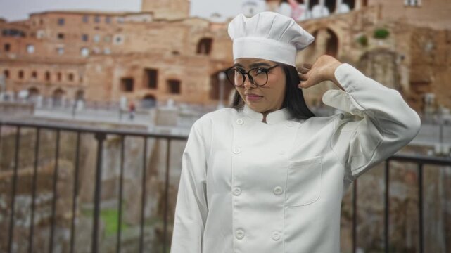 Hispanic woman chef adjusts hat and touches ear while wearing glasses and white jacket at railing in building; uncertainty contemplation.
