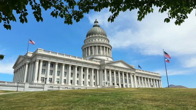 Utah State Capitol Building in springtime with flags flying in Salt Lake City, UT,  USA 