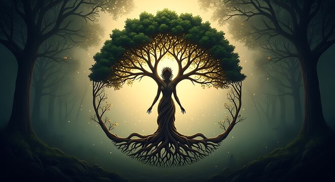 Mystical tree of life with female silhouette in misty forest