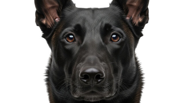 Close-up portrait of a black belgian malinois dog with alert brown eyes and pointed ears, isolated against a solid black background