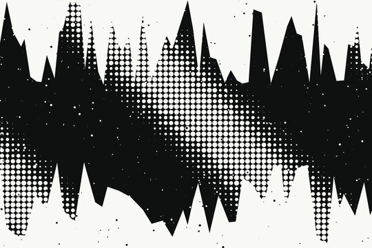 Black and white grunge sound wave pattern with halftone dots and jagged peaks