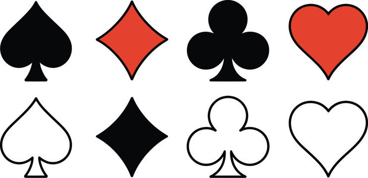 Casino card, suit icons vector, hearts spades diamonds and clubs symbols for poker gambling and playing card graphics.