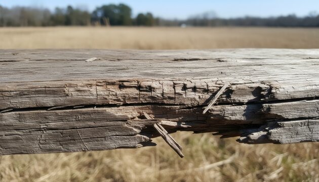 Close-up of an aged, weathered oak wood plank with deep grain lines and splintered edges in a rustic outdoor setting