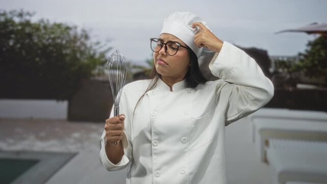 Young woman chef holding whisk and scratching head in studio set with poolside patio props, puzzled expression; confusion problem solving.