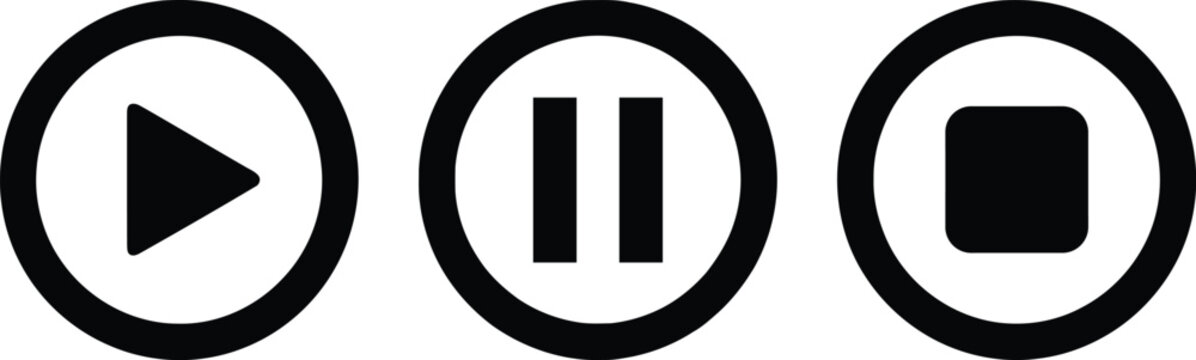 Set of three media player buttons: play, pause, and stop vector illustration.