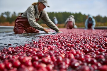 Workers Harvesting Cranberries in Flooded Bog During Autumn