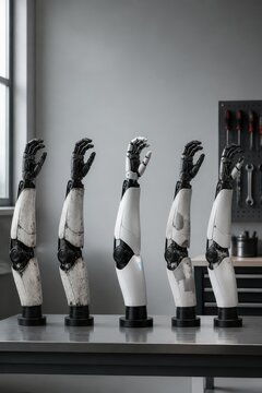 Row of robotic prosthetic hands displayed on a workbench in a modern industrial workshop