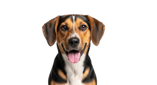 Close-up portrait of a friendly tricolor hound crossbreed dog with floppy ears, brown eyes, and an open mouth, isolated on black background