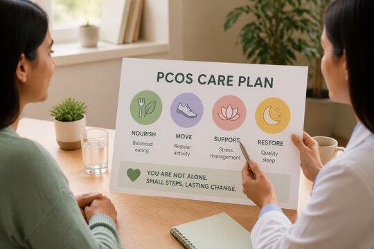 PCOS care plan infographic presented to women in a home consultation setting