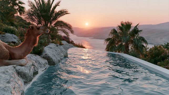 Camel rests beside infinity pool at sunset.