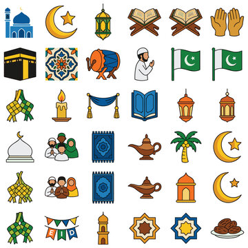 Large collection of islamic celebration icons and symbols vector.