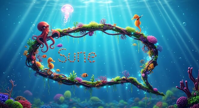 Underwater speech bubble frame with fish and coral