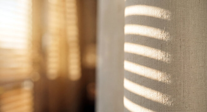 Parallel sunlight summer light stripes cast through horizontal window blinds