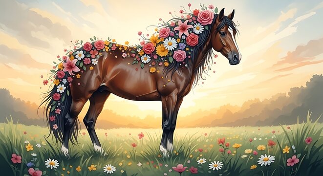 Brown horse adorned with colorful spring flowers in a meadow