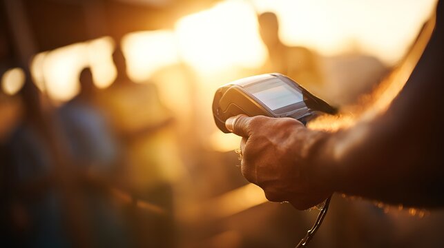 Inspecting Stock with Barcode Scanner at Sunset
