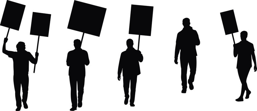 Protest Demonstrator Silhouettes Holding Blank Signs Isolated on White Background Activism and Rally Vector Set