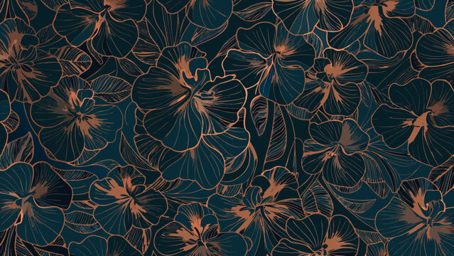Floral ornament featuring overlapping bronze toned flowers against a dark teal background a repeating pattern blossom bloom botanical petal foliage plant