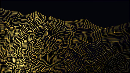 Golden line art mountain range illustration with layered contours against a black background minimalist style mountains contour lines topography elevation geography © Sribas