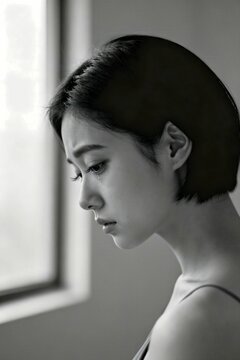 Sad young Japanese woman in a quiet melancholic side profile portrait with soft indirect window lighting.