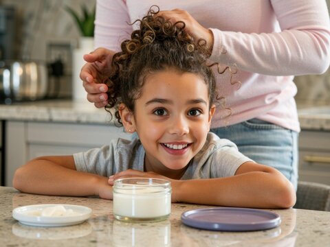 Mother styling happy daughter's curly hair before school