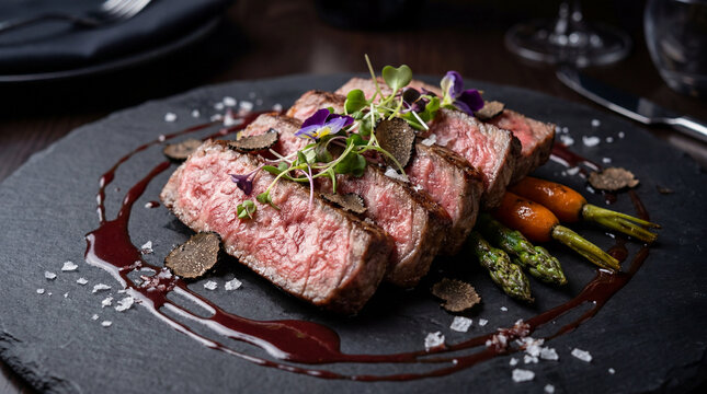 Premium wagyu beef steak sliced medium rare with black truffle red wine reduction and baby vegetables