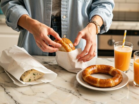 Woman packing school lunch with fresh bagels and bread
