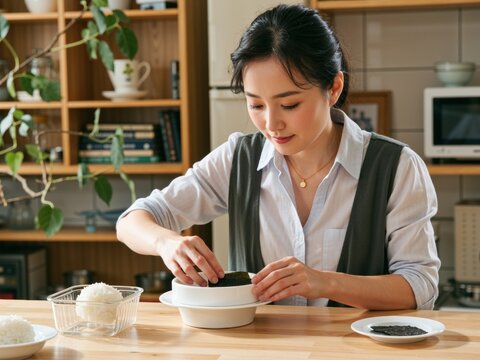 Asian woman preparing onigiri for school lunchbox
